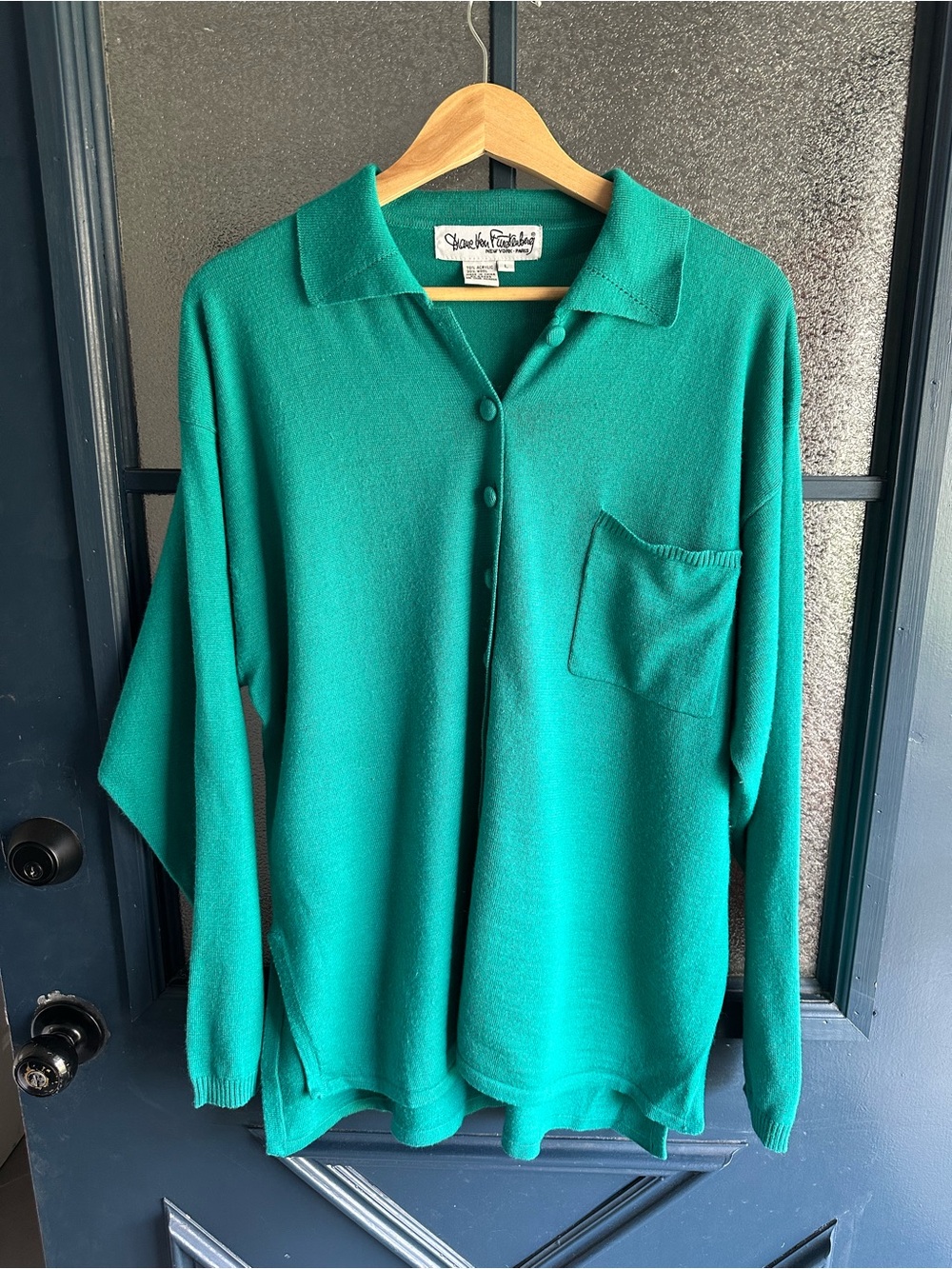 Diane Von Furstenberg Green Button-Down Knit Top